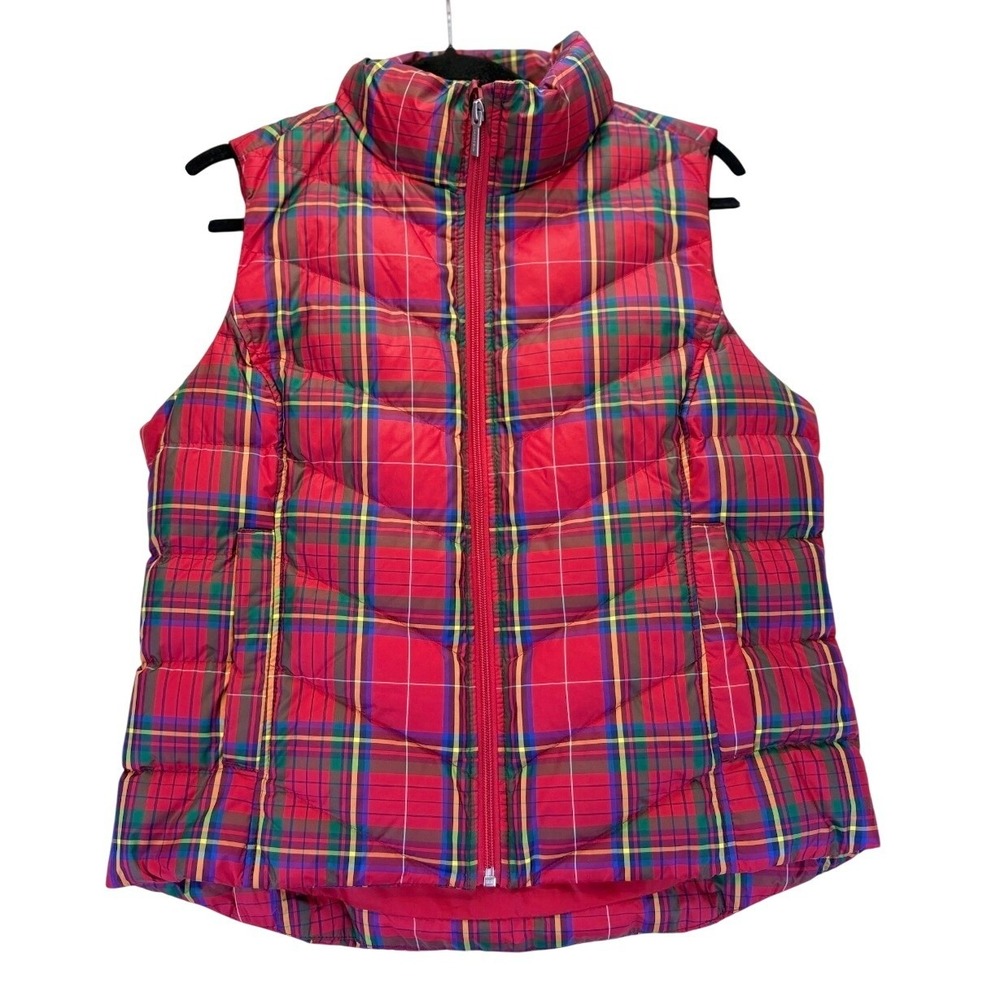 Lands End Womens Red Tartan Plaid Down Puffer Vest S 6-8 Full Zip Quilted Preppy
